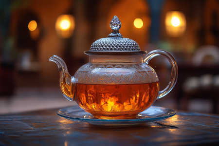 Glass teapot with hot tea on a table in a cafeの素材