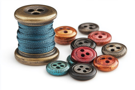 Colorful sewing buttons and thread on white background, close-upの素材