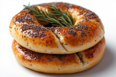 Bagel with poppy seeds and rosemary on a white backgroundの素材