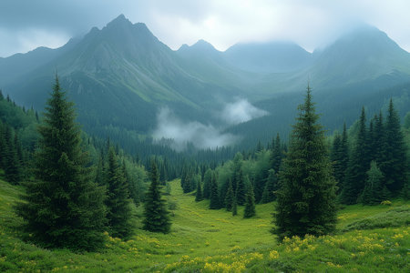 Foggy mountain landscape with green meadow and coniferous forestの素材