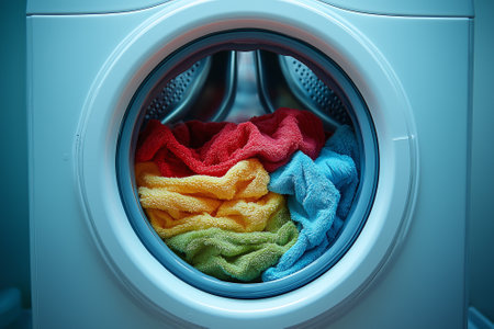 Laundry room interior with washing machine and colorful towels, closeupの素材