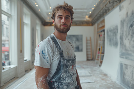 Portrait of a young painter standing in a room with painting.の素材
