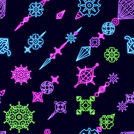 Vector abstract elements seamless pattern made with different geometric shapes constructor. Neon glowing effect on dark violet background.のイラスト素材