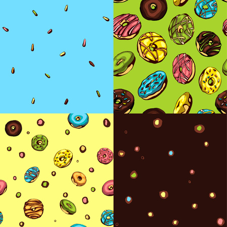 Four seamless donut patterns. Vector hand drawned with bright colors. Sweet and glazed.のイラスト素材