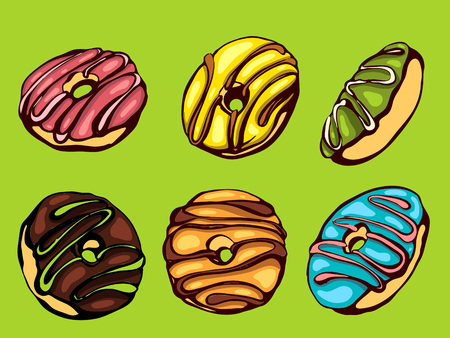 Hand drawn vector donuts set. Glazed and colored donuts in several foreshortening.のイラスト素材