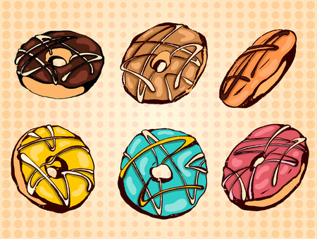 Hand drawn vector donuts set. Glazed and colored donuts in several foreshortening.