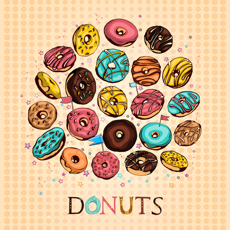 Hand drawn vector donuts set. Glazed and colored donuts in several foreshortening with lettering.のイラスト素材