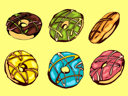 Hand drawn vector donuts set. Glazed and colored donuts in several foreshortening.