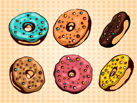 Hand drawn vector donuts set. Glazed and colored donuts in several foreshortening.のイラスト素材