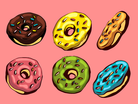 Hand drawn vector donuts set. Glazed and colored donuts in several foreshortening.のイラスト素材