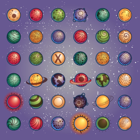 Colorful planets and stars vector icon set. Big collection for any design. Transparent, fully editable and isolated vector illustration.のイラスト素材