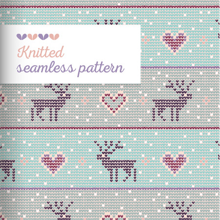 Knitted vector seamless ornament pattern with knitted deer, heart, needlework loops and stitches in pale colors.のイラスト素材