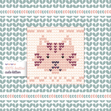 Vector illustration with knitted cat on seamless knitted background with label.のイラスト素材