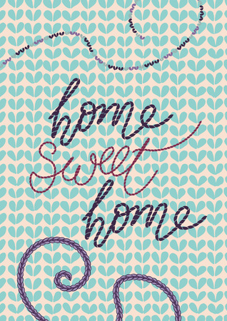 Vector illustration with stitched lettering "home sweet home" and embroidery on knitted background in pale colors.のイラスト素材