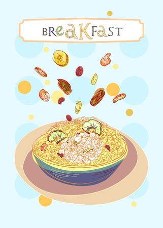 Breakfast cover with oatmeal and dehydrated fruits in engraved style. Fully editable vector illustration. Figured table with breakfast lettering.のイラスト素材