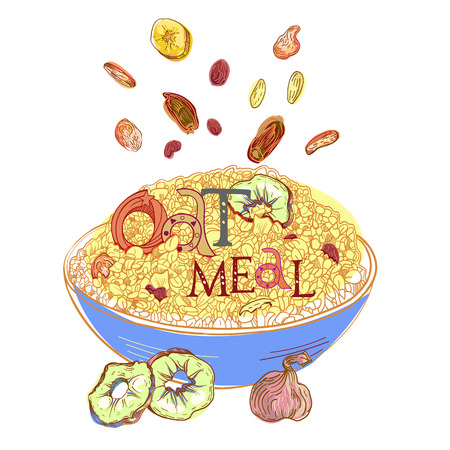 Cereal with dehydrated fruits in dishes. Healthy food breakfast. Fully editable vector illustration with lettering.のイラスト素材