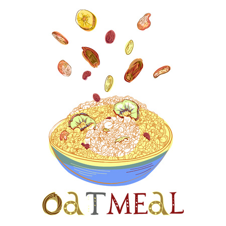 Cereal with dehydrated fruits in dishes. Healthy food breakfast. Fully editable vector illustration with lettering.のイラスト素材
