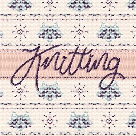 Vector illustration with stitched lettering knitting on seamless knitted background with coons in pale colors.のイラスト素材