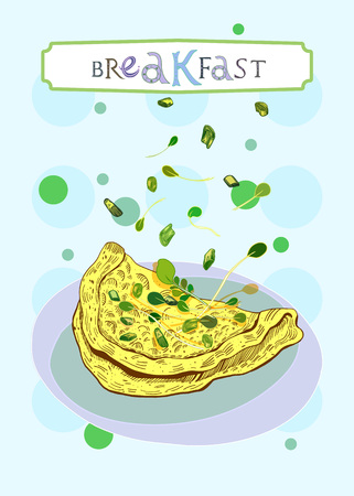 Breakfast cover with scrambled eggs, onion and salad in engraved style. Fully editable vector illustration. Figured table with breakfast lettering.のイラスト素材
