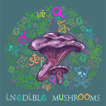 Paxil mushroom in engraved style. Fully editable vector mushroom illustration with warning icons, nature elements and lettering.のイラスト素材
