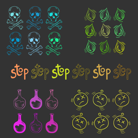 Vector warning icons set in engraved style. Fully editable, several colors.のイラスト素材