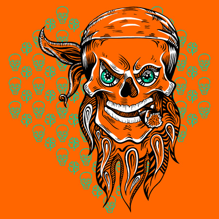 Skull with beaver and sigar drawing in a engraved style with heart-shaped background patternのイラスト素材