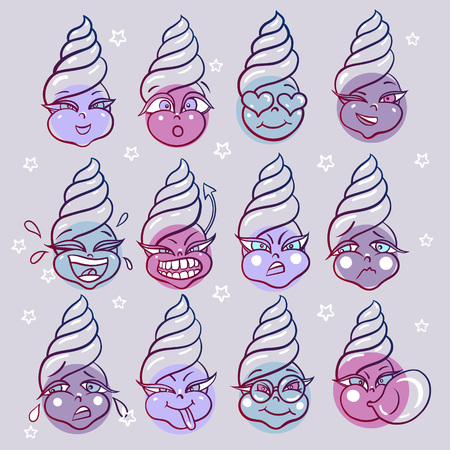 Hand drawn vector emoji set with funny ice cream characters. Suitable as stickers, smiles or as a print.のイラスト素材