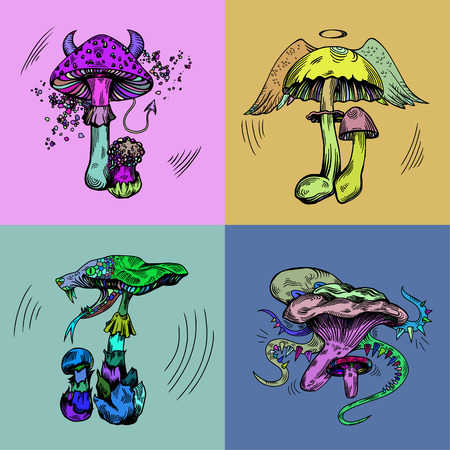 Vector illustration with poisonous mushroom characters in engraved style. Fantasy elements and crazy colors.のイラスト素材