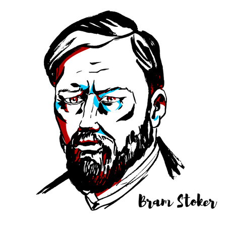 MOSCOW, RUSSIA - SEPTEMBER 26, 2018: Bram Stoker engraved vector portrait with ink contours. Irish author, best known today for his 1897 Gothic novel Dracula.のイラスト素材