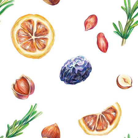Hand drawn color pencils dry fruits and nuts seamless pattern with rosemary.の写真素材