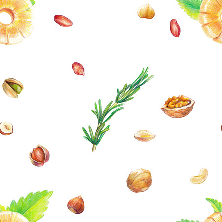 Hand drawn color pencils dry pineapple and nuts seamless pattern with rosemary.の写真素材