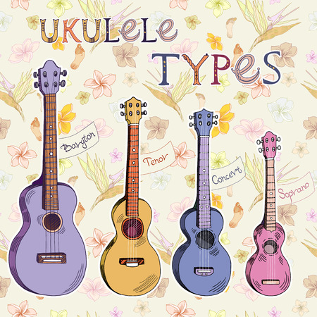 Set of vector ukuleles on hawaiian floral pattern backgrouns. Signed with lettering.のイラスト素材