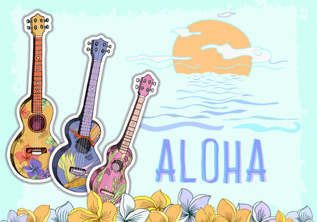 Hand drawn vector postcard with Hawaiian symbols. Three different ukuleles and aloha Hawaii lettering with floral plumeria frame. Suitable for postcard design, posters and banners.のイラスト素材