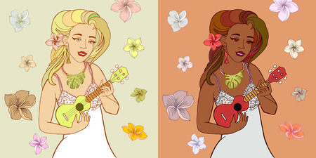 Hand drawn vector illustration with two girls playing ukulele. May use for posters and classes announcement. Decorated with Hawaiian flowers.のイラスト素材