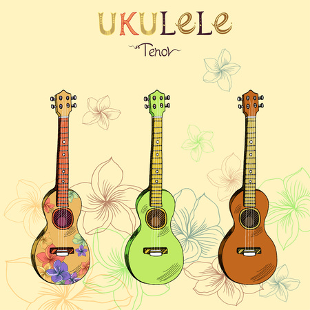 Vector illustration with traditional Hawaiian guitar ukulele tenor in three different versions: wood, color and pattern. Signed with lettering.のイラスト素材