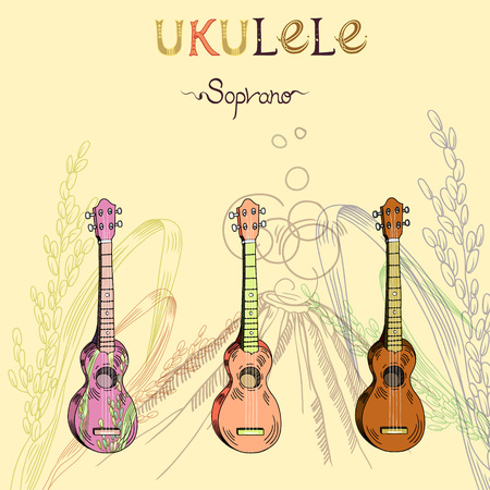 Vector illustration with traditional Hawaiian guitar ukulele soprano in three different versions: wood, color and pattern. Signed with lettering.のイラスト素材
