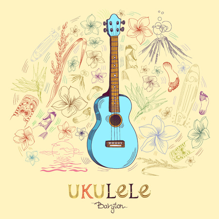 Hawaiian guitar - ukulele baryton in round shape pattern in engraved style. Blue ukulele is in the center of composition and pattern elements are around. Signed with lettering.のイラスト素材