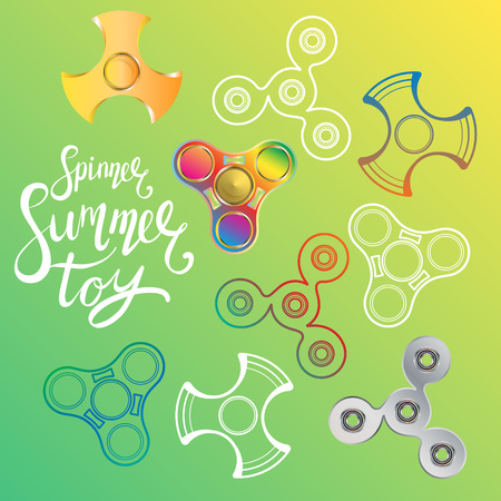 Fidget spinner hand drawn vector illustration with several shapes and calligraphy lettering in bright colors on green background. Contoured and realistic spinner toys.のイラスト素材