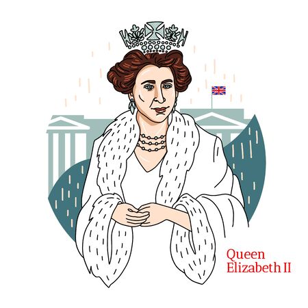 Queen Elizabeth II colored with black contours and buckingham palace at background. Queen of the UK and the Commonwealth realms.のeditorial素材
