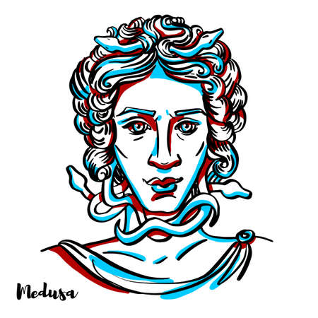 Medusa engraved vector portrait with ink contours on white background. In Greek mythology, Medusa was one of the three monstrous Gorgons, generally described as winged human females with living snakesのイラスト素材