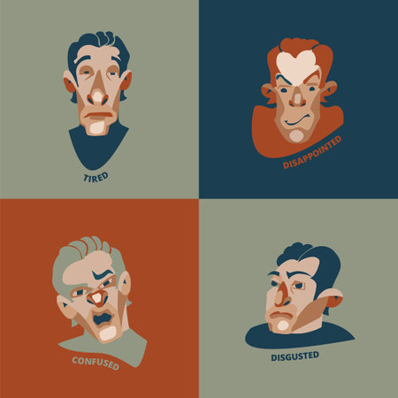 Hand drawn faces with various emotions vector set. Flat editable colorfull illustration.のイラスト素材