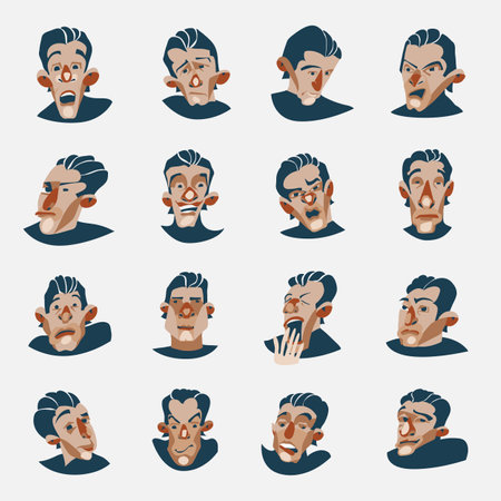 Hand drawn faces with various emotions vector set. Flat editable colorfull illustration.のイラスト素材