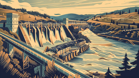 An illustration of Sustainable Development Goal 7 - Hydroelectric Power in style of linocut, soft earth colours. Generative AI.の素材