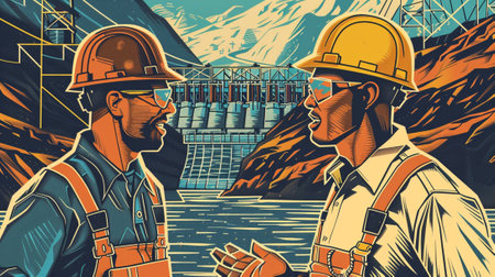 An illustration of Sustainable Development Goal 7 - Hydroelectric Power in style of linocut, soft earth colours. Generative AI.の素材
