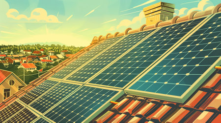 An illustration of Sustainable Development Goal 7 - Affordable and clean energy in style of linocut, soft earth colours. Generative AI.の素材