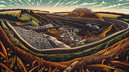 An illustration of Sustainable Development Goal 7 - Biomass Energy in style of linocut, soft earth colours. Generative AI.の素材