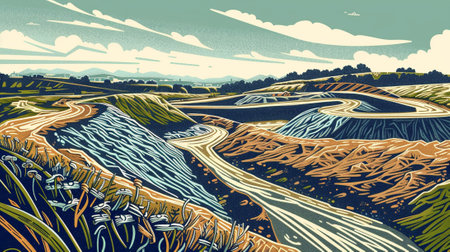 An illustration of Sustainable Development Goal 7 - Biomass Energy in style of linocut, soft earth colours. Generative AI.の素材