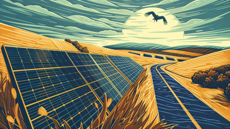 An illustration of Sustainable Development Goal 7 - Solar Photovoltaic Systems in style of linocut, soft earth colours. Generative AI.の素材
