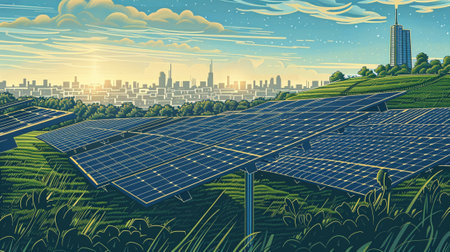 An illustration of Sustainable Development Goal 7 - Solar Photovoltaic Systems in style of linocut, soft earth colours. Generative AI.の素材