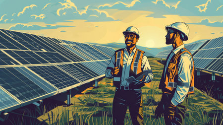 An illustration of Sustainable Development Goal 7 - Solar Photovoltaic Systems in style of linocut, soft earth colours. Generative AI.の素材
